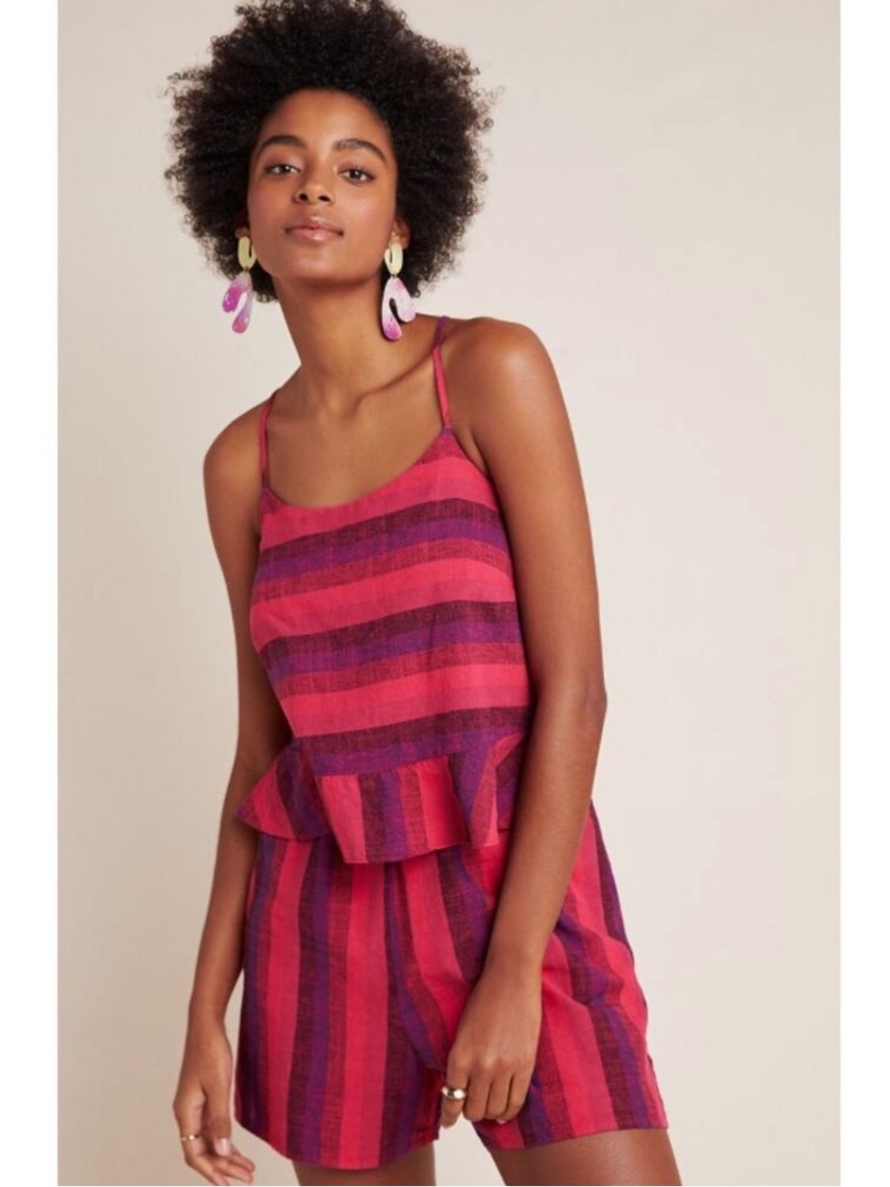 Anthropologie Striped Peplum Romper in Fuchsia & Plum